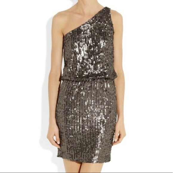 New Halston Heritage Sheath 1 Shoulder Sequin Gunmetal Cocktail Mini Dress Small - Picture 1 of 13